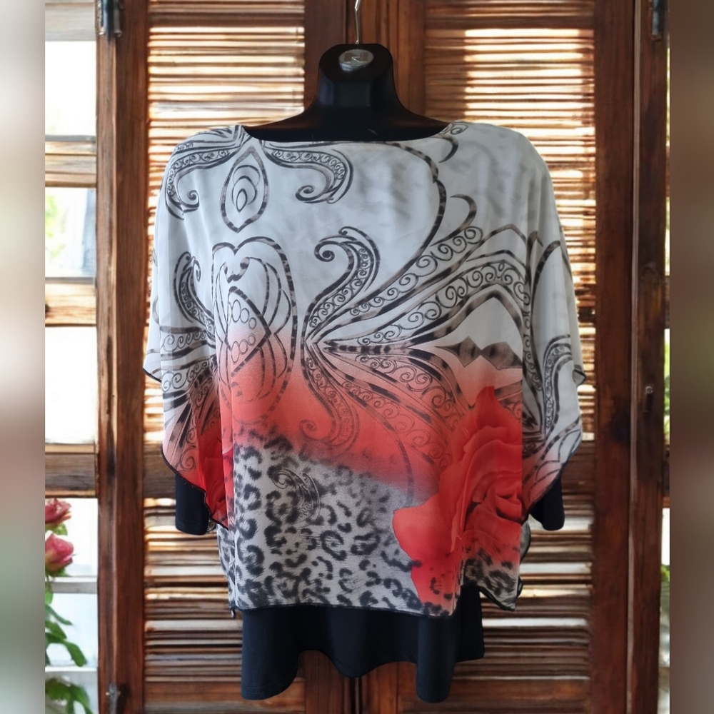 Vintage Victoria Chiffon Layered Poncho Style Floral Top